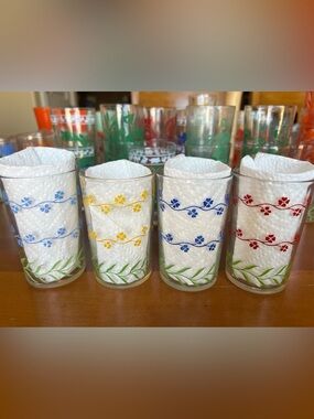 Vintage Hazel Atlas Kraft Swanky Swig Forget Me Not Juice Glasses 5 oz. Set of 4